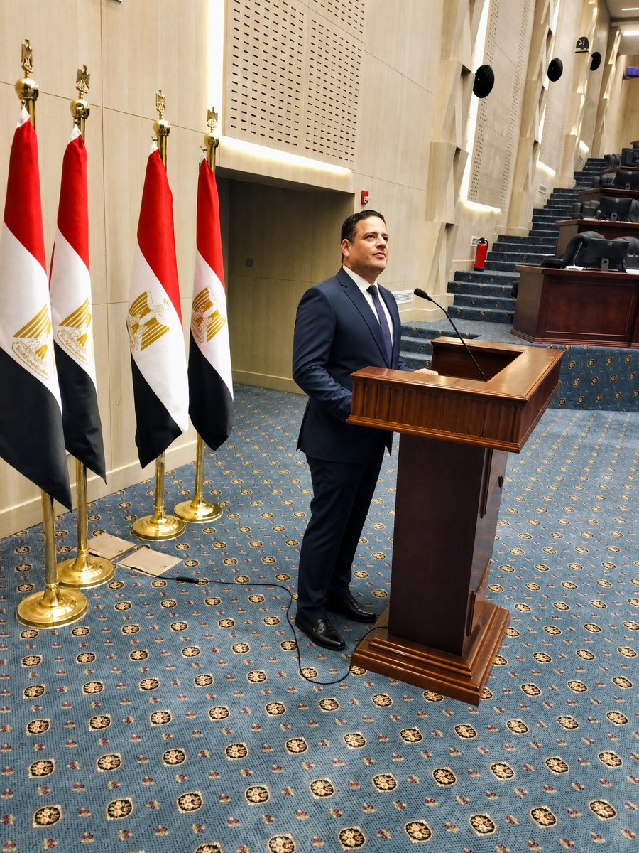 Mahmoud Abdel Moneim Mohamed presenting at the Governorate podium